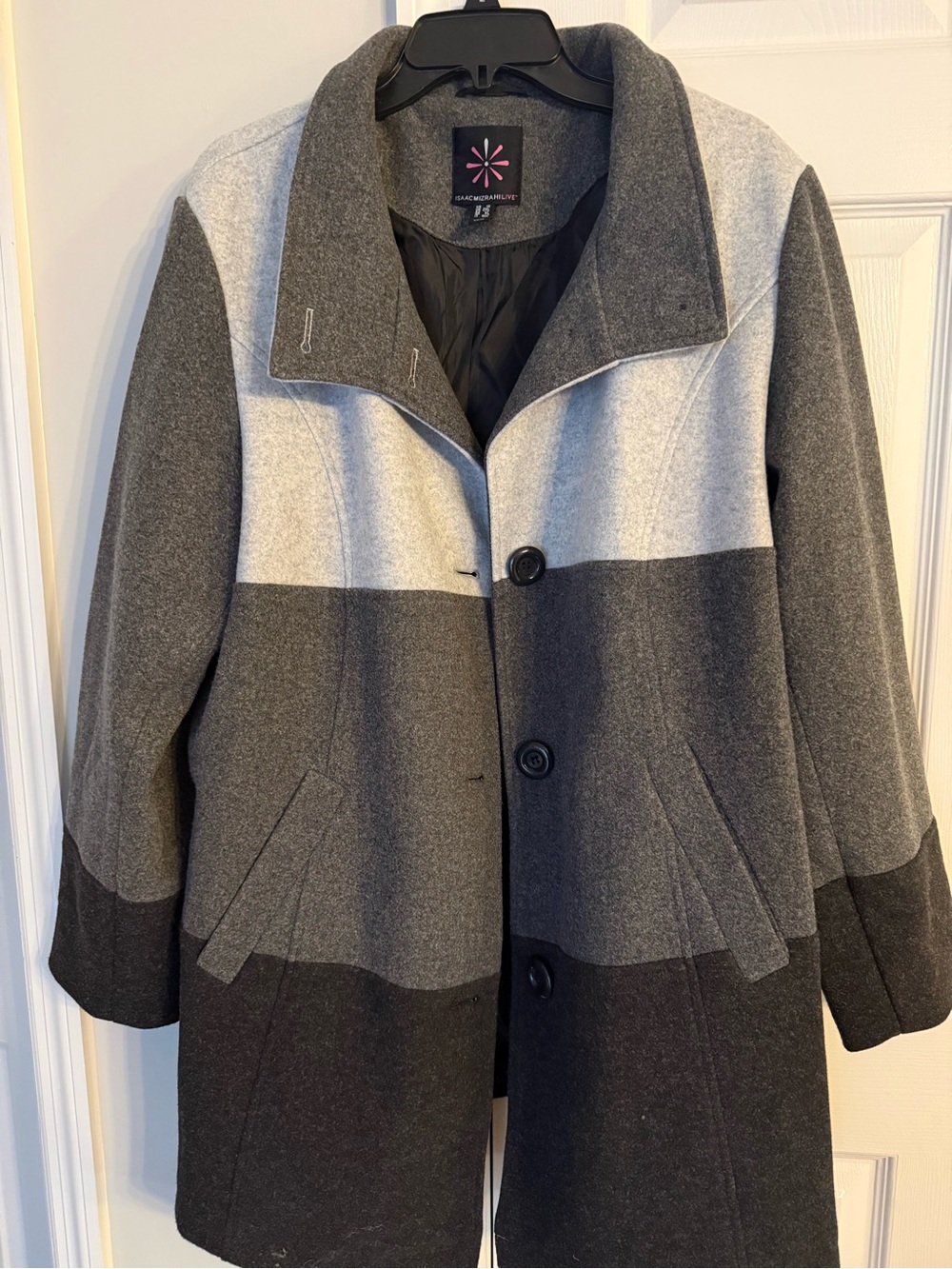 Isaac Mizrahi Gray Colorblock Wool-Blend Pea Coat